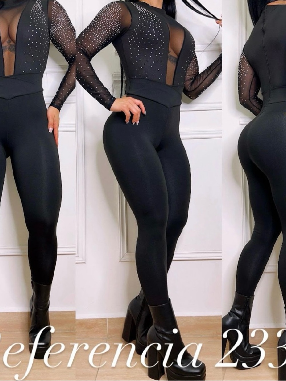 Colombian imported jumpsuit Black Rhinestone Mesh-Sleeve Jumpsuit